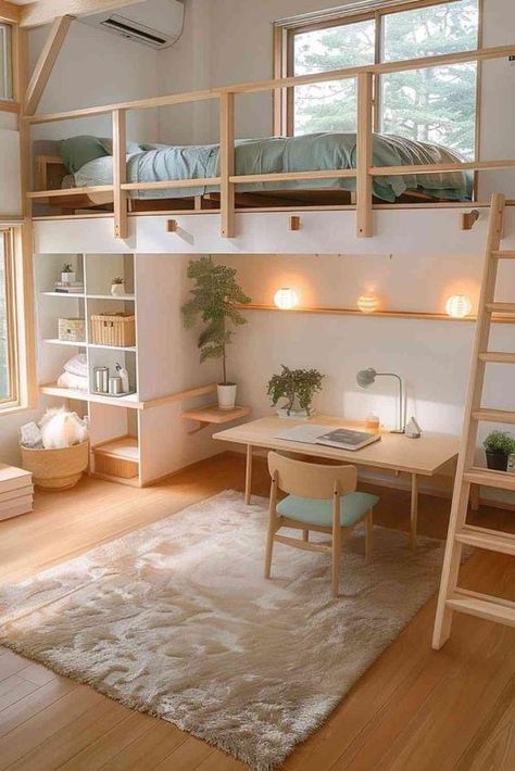 Loft Bed Reading Area, Cute Loft Bed Ideas Aesthetic, 2 Loft Beds In One Room, Kids Loft Bed Ideas, Small Kids Room Ideas, Minimalist Kids Bedroom, Japanese Bedroom Ideas, Loft Bedroom Ideas, Minimalist Loft