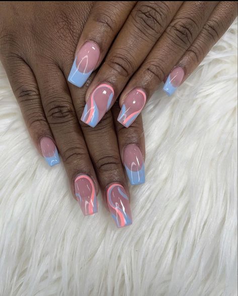 Light Blue And Light Pink Nails, Light Blue Formal Nails, Blue And Pink Christmas Nails, Light Pink And Light Blue Nails, Light Blue French Tip Nails Coffin, Pink And Blue French Tips, Blue French Tips With Design, Pink And Blue French Tip Nails, Baby Blue And Pink Nails