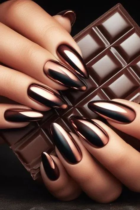 chocolate brown metallic The simplicity of this style allows the metallic finish to take center stage, making a subtle yet stylish statement Black Metallic Nails, Chrome Nails Ideas, Mystical Nails, Metallic Nail Colors, Chrome Nail Colors, Black Chrome Nails, Nails Bride, Metal Nails, White Chrome Nails