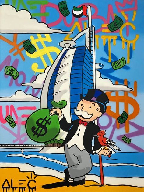 ALEC MONOPOLY Monopoly In Dubai 122x92 cm | 48x36 in Mixed Media Painting Alec Monopoly Art, Monopoly Art, Monopoly Man, Alec Monopoly, Graffiti Painting, Street Graffiti, Art Wallpaper Iphone, Canvas Print Display, Art Pricing