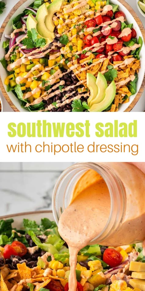 My absolute favorite kind of salad is a southwest salad! Loaded with fresh veggies and crunchy tortilla strips, it’s not only flavorful but has great texture in every bite. Hot Top Salad, Food Truck Salad Ideas, Southwest Salad Meal Prep, Southwest Bbq Chicken Salad, Southwest Cobb Salad, Best Salad To Go With Chili, Texas Salad Recipes, Salad For Chili Dinner, Stake Salad Dinners