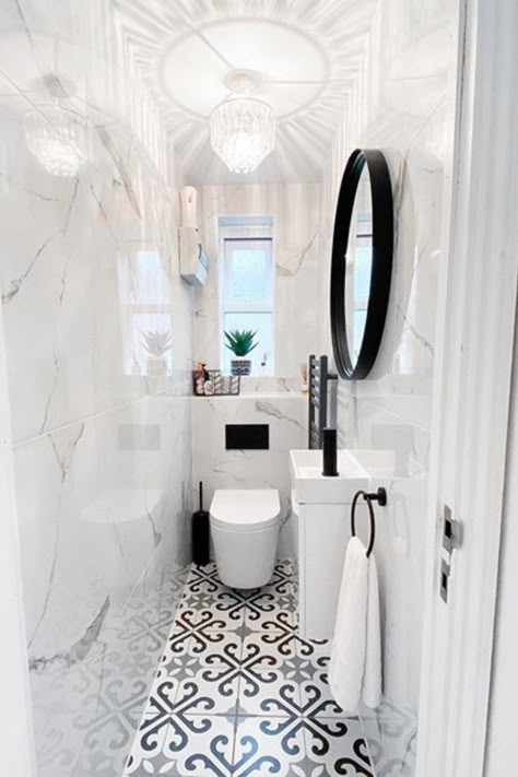 Discover the monochrome cloakroom toilets of dreams. This small space has been transformed into a luxury modern room. Shop the look and tap the link Small Toilet Decor, Small Toilet Design, Makeover Kamar Mandi, Small Downstairs Toilet, Cloakroom Toilet, Small Bathroom Inspiration, Toilet Ideas, Toilet Room Decor, Bilik Air