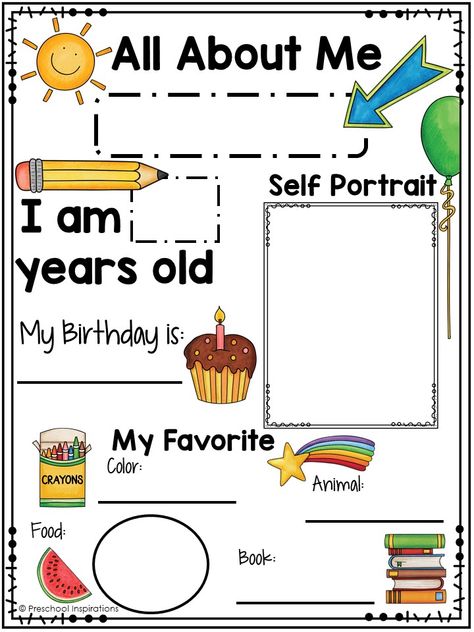 Printable All About Me Poster for a Preschool Theme August Preschool Themes Lesson Plans, Calender For Kindergarten Classroom, My School Preschool Theme, Al About Me Preschool Activities, Who Am I Activity Preschool, Prek Themes For The Year, Myself Theme Board Ideas For Preschool, Preschool August Themes, Who Am I Preschool Activities