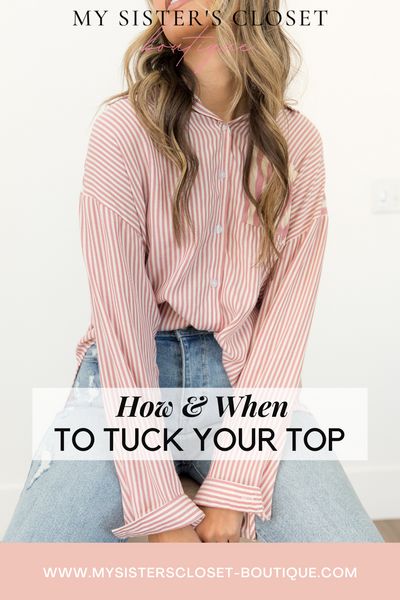 Here are easy tips for how and when to tuck your top for a woman's outfit! There are many ways you can tuck a tee, and this guide will help you decide if you should do a front tuck, how to do a full tuck, and when to let your top just be! Tuck In Tee Shirt, Partial Tucked In Shirt, How To Tuck Button Down Shirt, How To Tuck In Shirt Women, Front Tuck Shirt, Tucked In Shirt Outfit, Front Tuck, Shirt Tucked In, Shirt Outfit