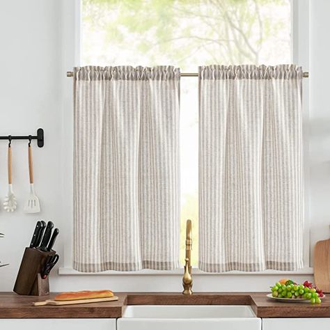 Cortinas Country, Farmhouse Curtain Rods, Ticking Stripe Curtains, Half Window Curtains, Rustic Curtain Rods, Small Curtains, Bathroom Farmhouse, Small Window Curtains, Kitchen Curtain Sets