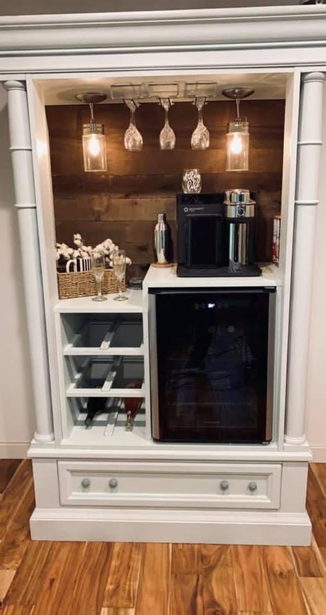 Wine Armoire Ideas, Coffee Station Diy, Coffee Bar Aesthetic, Hutch Coffee Bar, Armoire Coffee Bar, Coffee Bar Diy, Wine Nook, Cofee Bar, Coffee And Wine Bar