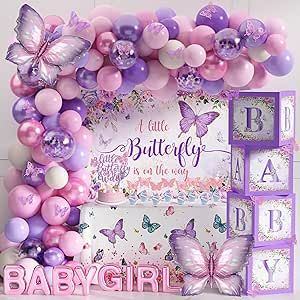 Butterfly Baby Shower Cake, Backdrop Butterfly, Butterfly Baby Shower Decorations, Garden Baby Shower Theme, Butterfly Centerpieces, Butterfly Baby Shower Theme, Butterfly Cake Topper, Purple Balloons, Little Butterfly