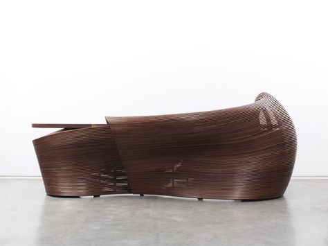 Masterfully steam-bent walnut furniture debuts in exhibition | Woodworking Network Sushi Samba, Hostess Stand, Parametric Furniture, Steam Box, Steam Bending Wood, Bending Wood, Steam Bending, Bbq Bar, Wood Objects