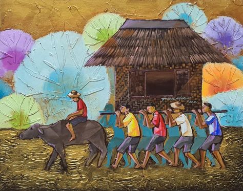 James M. Sanorjo Jr. | Bayanihan 2 2021 | Available - drybrush Philippine Art Gallery Bayanihan Poster, Bayanihan Drawing, Philippine Culture Poster, Wika Poster, Banaue, Office Mural, Earth Drawings, Street Game, Bahay Kubo