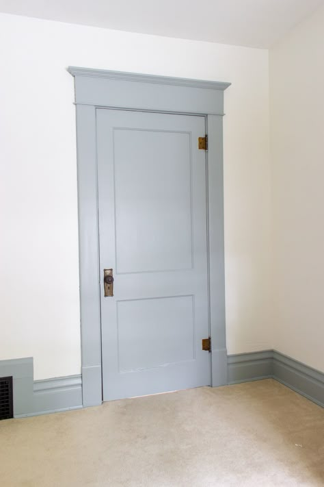 Door Trim Colors Interior, Painted Interior Trim Colors, Contrasting Baseboards And Trim, Best Contrast Trim Colors, Blue Painted Trim Bedroom, Farmhouse Contrast Trim, Blue Trim And Doors, Contrast Trim Paint, Bonus Room Color Ideas