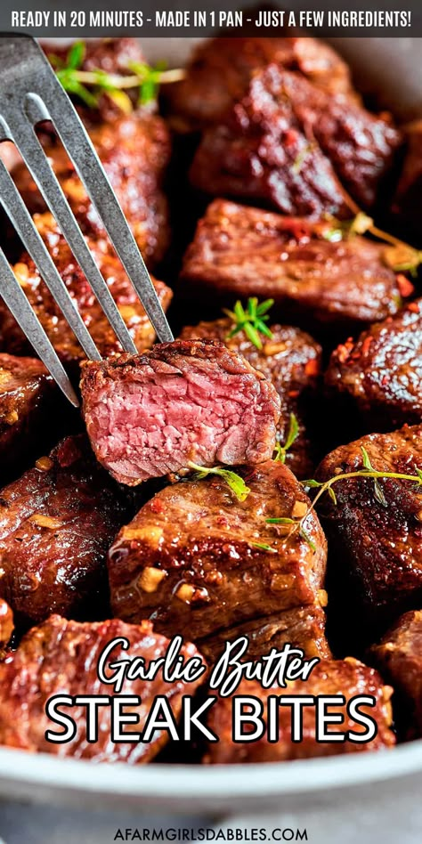 This Garlic Butter Steak Bites recipe comes together in just 20 minutes, in one skillet, and with just a few ingredients. It's a quick and easy way to enjoy tender, juicy little bites of beef, in the most delicious garlic-infused, savory, buttery sauce! Minute Steak Recipes, Easy Steak Dinner, Garlic Butter Steak Bites, Butter Steak Bites, Steak Bites Recipe, Easy Keto Dinner Recipes, Garlic Steak, Ny Strip Steak, Easy Keto Dinner