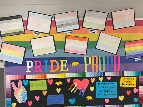 Pride bulletin board Lgbtq Bulletin Board Ideas, Pride Bulletin Board Ideas, Pride Bulletin Board, Pride Month Bulletin Board, April Bulletin Boards, Pride Ideas, October Bulletin Boards, Door Decs, Bulletin Board Ideas