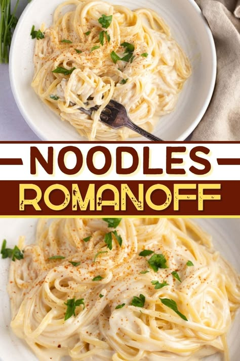 Try this recipe for noodles Romanoff for a dish the family will adore! Made with a few simple ingredients and lots of cheese, this dish is comfort food at its best! Pasta Romanoff, Pasta And Eggs Recipe, Diy Pasta Roni, German Egg Noodle Recipes, Cheese Noodles Recipes, Roman Noodle Recipes, Noodle Side Dish Recipes, Easy Pasta Side Dishes, Noodles Romanoff Recipe