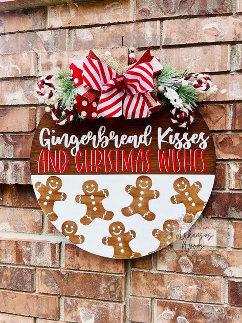 Red Christmas Signs Wood, Christmas Wooden Wreaths Diy, Wooden Wreaths For Front Door Christmas, Gingerbread Door Sign, Gingerbread Wood Signs, Peppermint Door Hanger, Christmas Wooden Door Sign, Ho Ho Ho Door Hanger, Circle Christmas Door Hangers