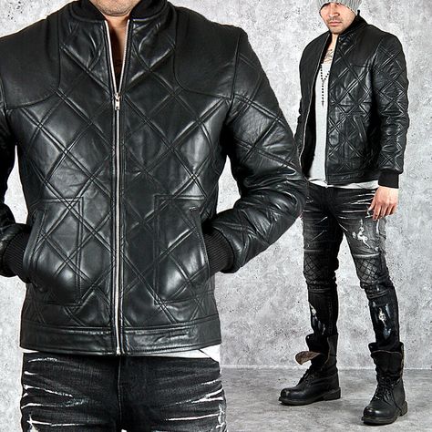 Fully quilted banded hem leather jacket - 68 Blazer Look, Cyberpunk Clothing, Stylish Leather Jacket, Mens Outerwear Jacket, Styles Of Clothes, Leather Coat Jacket, Jackets Casual, Mens Blazer, Boots Jeans