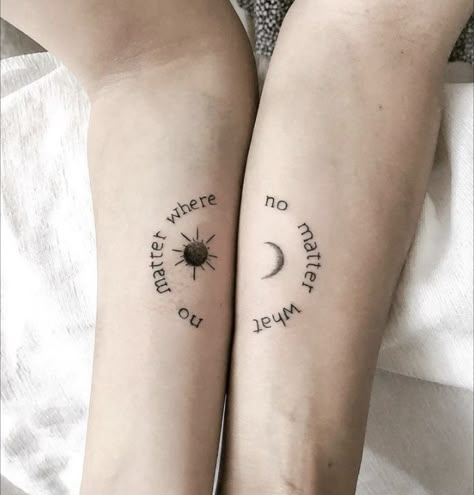 Best Friend Sayings Tattoos, Male Best Friend Tattoo Ideas, Bff Tattoos Long Distance, Sister From Another Mister Tattoo, Coordinating Best Friend Tattoos, Matching Tattoos That Connect, Distance Tattoos Family, Childhood Friends Tattoo, Male Female Best Friend Tattoos