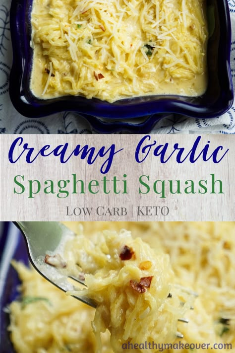 Creamy Garlic Spaghetti Squash | A Healthy Makeover Spaghetti Squash Recipes Chicken, Creamy Garlic Spaghetti Squash, Creamy Garlic Spaghetti, Garlic Parmesan Spaghetti Squash, Spaghetti Squash Recipes Vegan, Garlic Spaghetti Squash, Parmesan Spaghetti Squash, Spaghetti Squash Recipes Healthy, Spaghetti Squash Recipes Easy