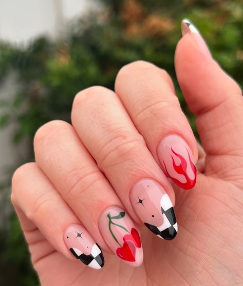 🏁🍒🖤 Ib: @landofhands . . . . . . . . . . . #nailinspo #mixmatchnails #summernails #cherrynails #flamenails #gelx #gelxnails #bostonnails #bostonnailtech #nailsbysarai #uñas #uñasdecoradas #uñasacrilicas Flames Design Nails, Fire Design Nails Acrylic, Black Heart Flame Nails, Neutral Flame Nails, Abstract Heart Nails, Red Flame French Tip Nails, Holographic Flame Nails, Heart Fire Nails, Graphic Nails Designs