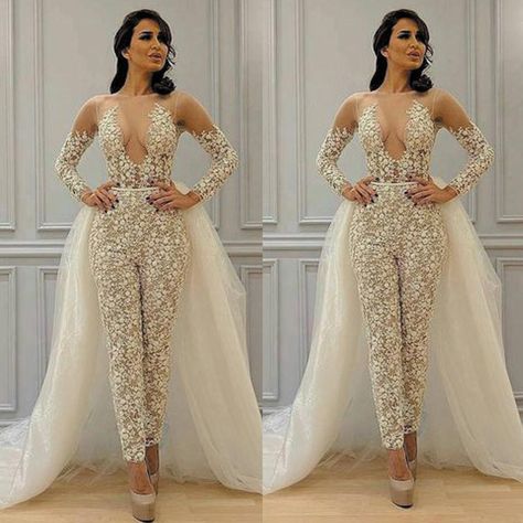 Discount Modest Detachable Skirt Jumpsuit Wedding Dresses 2020 Lace Applique Long Sleeve Elegant Pant Suit For Women Vestidos Bridal Gowns Wedding Dresses Classic Wedding Dresses Gowns From Manweisi, $134.78| DHgate.Com Pant Suit For Women, Jumpsuit Wedding Dress, Wedding Dress Jumpsuit, Elegant Pants Suits, Jumpsuit Wedding, Pant Suits For Women, Detachable Skirt, Elegant Pant, White Evening Dress