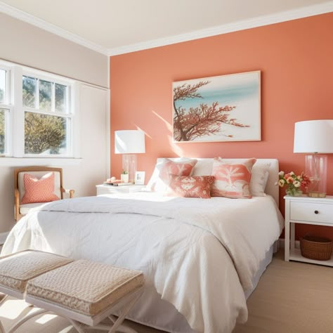 7 Colors That Go Well With Coral - Rhythm of the Home Coral Feature Wall Bedroom, Coral And White Bedroom, Coral Colored Decor, Happy Colors For Bedroom, Coral Master Bedrooms Decor, Coral Aesthetic Color, Coral Beach Bedroom, Colors That Go With Coral, Coral Room Ideas Bedrooms