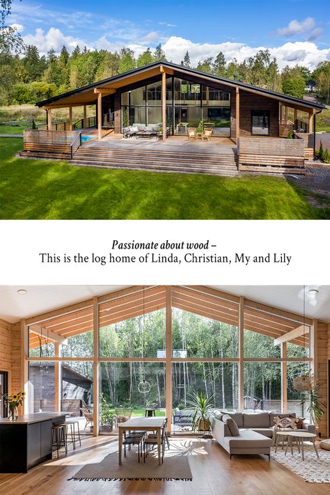 A unique, contemporary log home for a family of four in Finland. The gable-end window wall provides the home with a Nordic ambience. Subdued decor with natural materials was chosen, so as not to draw attention away from the landscape. The centrepiece is the living-room-dining-area-kitchen. 
#Honkarakenne #Honkatribe #loghouse #loghomelife #loghomeliving #hirsitalo #hirsikoti #honka #cozy #relax #nordicdesign #nordicarchitecture #woodenhouse #modern #contemporary #scandinavian #architecture #roof 40x60 Pole Barn House Plans, Pole Barn Homes Interior, Barnodium Homes, 40x60 Pole Barn, Chalet Modern, Barndominium With Shop, Scandinavian Modern House, Barn House Plans Barndominium, House Plans Barndominium