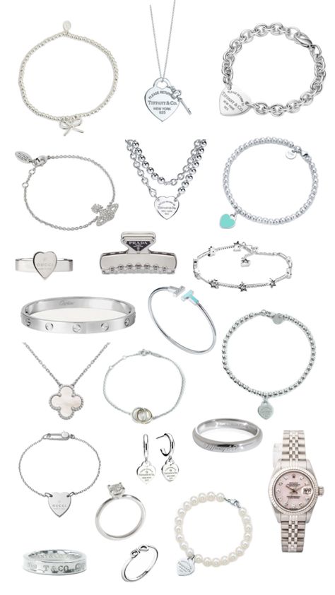 silver white gold necklace bracelet earrings jewelry tiffany and co gucci cartier van cleef vivienne westwood  prada pearl aesthetic clean girl Tiffany Jewelry Bracelet, Jewelry Tiffany And Co, Van Cleef Necklace, Tiffany And Co Earrings, Pearl Aesthetic, Tiffany Girls, Aesthetic Clean Girl, Tiffany And Co Bracelet, Jewelry Tiffany