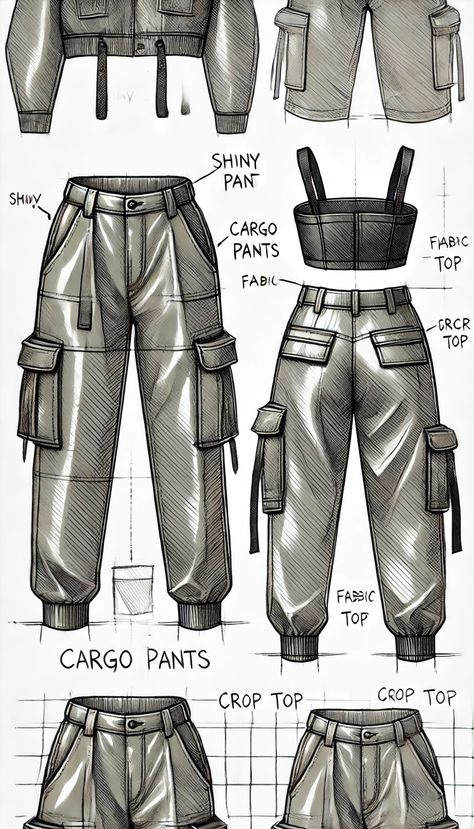 Cargo Pants Sketch Fashion Design, How To Draw Cargo Pants, Cargo Drawing, Cargo Pants Drawing Reference, Cargo Pants Sketch, Pants Technical Drawing, Cargo Pants Drawing, How To Draw Pants, Digital Clothing