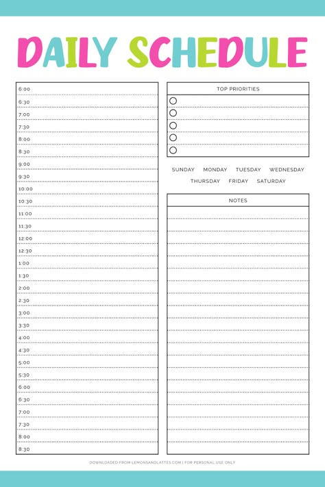 Print unlimited copies of this daily schedule. This template includes time slots 6 am through 8:30 pm. There's also a "top priorities" section and notes section. Use this planner for any day of the week! Family Time Schedule, Day To Day Schedule, Daily Schedule Template Aesthetic, Blank Schedule Template, Girly Organization, Time Management Template, Printable Schedule Templates, Hourly Schedule Printable, School To Do List Printable