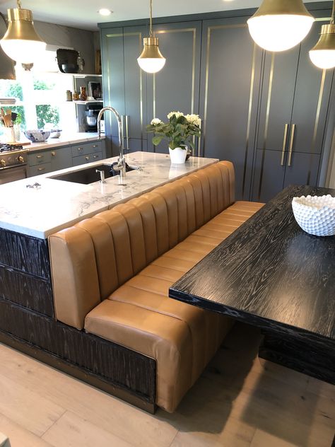 Dining Booth In Kitchen, Booth For Kitchen, Island With Built In Banquette, Back To Back Booth Seating, Home Dining Booth, Diy Leather Banquette, Dining Booth Ideas, Kitchen Dining Booth, Booth Seating In Basement