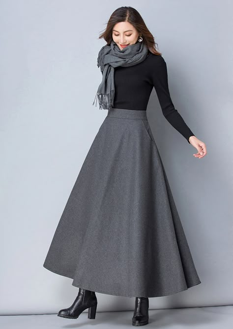 Winter Women Long Woolen Skirt Fashion ... Long Wool Skirt, Maxi Skirt Fall, Long Skirt Fashion, Long Skirt Outfits, Denim Skirt Outfits, Winter Skirt Outfit, Maxi Skirt Outfits, Rock Outfit, Long Skirts For Women