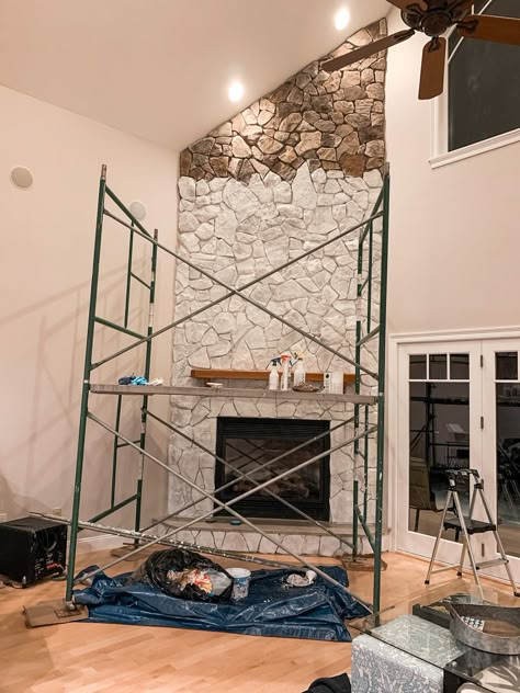 White Wash Fieldstone Fireplace, Stone Wall Painted White, Stone Wash Fireplace, Covering Stone Fireplace With Shiplap, Limewash Stone Fireplace Before And After, Old Stone Fireplace Ideas, Stone White Wash Fireplace, Stone Fireplace Limewash, How To Whitewash A Stone Fireplace