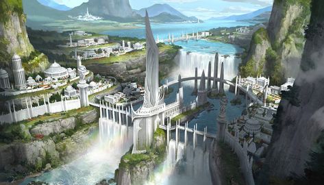 ArtStation - City, Donghee Han Elven City, Fantasy Cities, Fantasy Locations, Fantasy Architecture, Fantasy Background, Landscape Concept, Fantasy Worlds, Fantasy Concept, Fantasy Castle