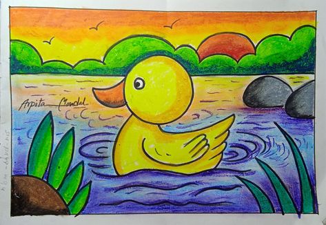 Class 1 Drawing Ideas, Basic Oil Pastel Drawings, Duck Drawing For Kids, Simple Drawings For Kids, Pencil Colour Drawing, Cartoon Drawing For Kids, Basic Drawing For Kids, Drawing Pictures For Kids, Scenery Drawing For Kids