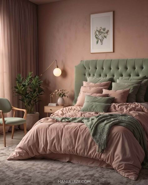 Here's a guide to incorporating dusty pink into your bedroom decor with 35 modern bedroom decor ideas to surprise you! #pinkbedroom #interior Ideas for: light pink bedrooms, grey and pink bedroom ideas, blue and pink bedroom, green and pink bedroom, pink bedroom aesthetic, white and pink bedroom, pink bedroom ideas, black and pink bedroom, girly pink bedroom, pink bedroom decor, sage green and pink bedroom, blush pink bedroom, dusty pink bedroom. Blush Green Bedroom, Sage Pink And Grey Bedroom, Sage And Dusty Pink Bedroom, Rose Colored Bedroom Ideas, Black Green Pink Bedroom, Pink Panelled Bedroom, Pale Pink And Green Bedroom, Dusty Pink And Sage Green Bedroom, Dusty Rose Paint Color Bedrooms