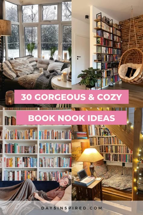 Book Nook Design, Cute Reading Room Ideas, Living Room Book Nook Ideas, Book Nook For Adults, Loveseat Reading Nook, Cosy Reading Nook Cozy Corner, Reading Nook By Fireplace, Home Book Nook, Cozy Reading Corner Ideas