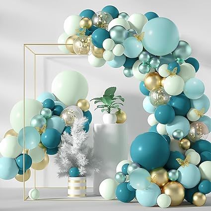 Amazon.com: 133Pcs Teal Balloons Arch Kit DIY Balloon Arch Garland Kit with Double-Stuffed Teal Balloons Gold Butterfly Blue Balloons Arch Kit for Birthday Wedding Bridal Baby Shower Communion Party Decorations : Home & Kitchen Blue And Gold Baby Shower Ideas, Teal Party Decor, Peacock Birthday, Teal Balloons, Diy Balloon Arch, Teal Party, Braids Styling, Entryway Tile, Balloons Arch