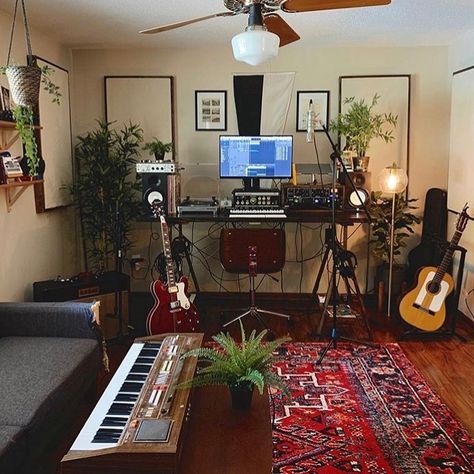 Perfect home studio to create in by @twotempests 🔥 - - - - Follow @rec.mix.master for more audio related content! 🔈 Music Studio Home Ideas, Apartment Recording Studio, Musician Studio Apartment, Ikea Music Room, Bohemian Music Studio, Living Room Recording Studio, Music Studio Bedroom Small Spaces, Interior Design Music Room, Recording Studio At Home