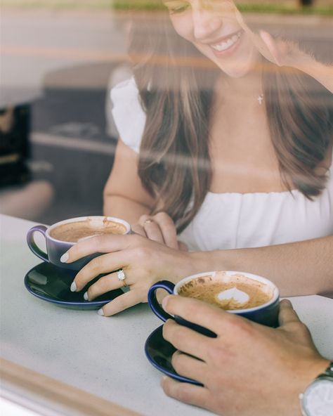 Living for this coffee shop engagement session with Cliff and Caleigh 🤍 Coffee Shop Proposal Ideas, Cafe Prenup Shoot, Engagement Pictures Coffee Shop, Coffee Shop Engagement Shoot Photo Ideas, Coffee Shop Engagement Photoshoot, Coffee Date Engagement Shoot, Coffee Shop Date Aesthetic, Engagement Photos Coffee Shop, Cafe Photoshoot Ideas Coffee Shop