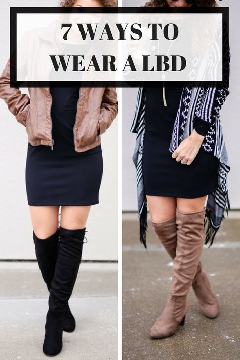 Black Bodycon Dress Outfit Fall, Lbd With Boots, Lbd Fall Outfit, How To Style Lbd, Lbd Outfit Party Night, Dress With Tall Black Boots, Black Dress Outfit With Boots, Black Dress With Boots Winter, How To Style Short Black Dress