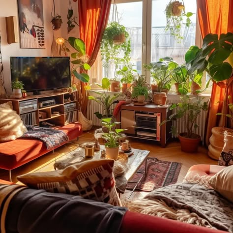 Funky Rug Living Room, Funky House Design, Apartment Decorating 70s, Eclectic City Apartment, Colorful Cozy Apartment, Cozy Eclectic Home Living Room, Apartment Aesthetic Eclectic, Cosy Colourful Living Room, Gray Couch Boho Living Room