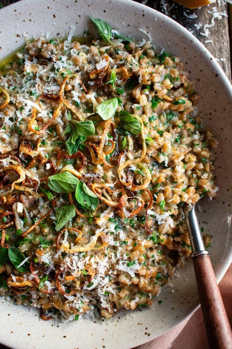 Farro And Asparagus Recipes, Farro Risotto, Farro Recipes, The Original Dish, Crispy Shallots, One Pot Dinners, Veggie Meals, Winter Recipes, Orzo