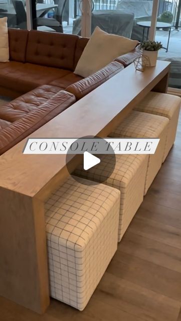 Kim Woodward | DIY & Home on Instagram: "Pottery barn Dupe DIY Console table . Want to know how much it cost to build ? Watch the reel. ⭐️. #pottertbarn #potterybarndupe #potterybarndupes #potterybarnstyle #diy #diyconsoletable #diyhomedecor #womendiyers #diyoak #diyoaktable #oaktable" Console Table Behind Sofa With Stools, Table For Back Of Couch, Ottoman Behind Couch, Diy Couch Table Easy, Console Table Desk Behind Couch, Diy Sofa Table With Seating, Console Table Redo Ideas, Storage Sofa Table, Diy Sofa Bar Table