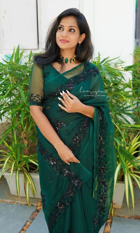 Saree Blouse Net Designs, Plain Net Blouse Designs, Green Net Blouse Designs, Net Blouse Designs For Silk Saree, Organza Sari Blouse Designs, Simple Saree Look For Function, Organza Blouse Indian, Simple Net Blouse Designs, Net Blouse Designs