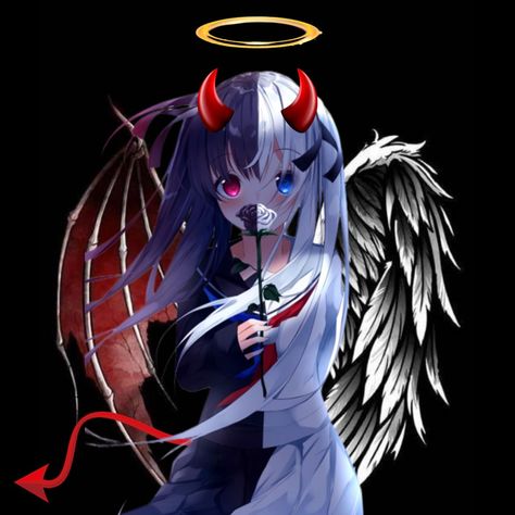 Half Demon Half Angel Girl, Anime Halo Angel, Half Angel Half Demon Wallpaper, Devil Anime Female, Half Angel Half Demon Art, Angel And Devil Art, Black And White Hair Anime, Half Angel Half Devil, Demonic Angel