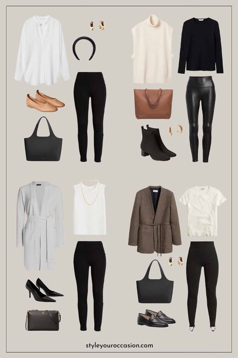 Looking for black leggings outfit ideas or leggings outfits for work? These business casual leggings outfit ideas will keep you feeling chic and sophisticated at the office (and for happy hour after!). Get faux leather leggings outfit ideas, ways to wear trendy stirrup leggings, and more! Black Legging Work Outfit, Dressy Leggings Outfit, Black Leggings Outfit Winter, Leggings Work Outfit, Leggins Outfit, Leggings Outfit Spring, Faux Leather Leggings Outfit, Outfits Leggins, Happy Hour Outfit