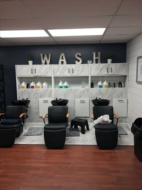 Tangles Hair Salon  Springfield Ohio  Wash Station  Metal Letters Wash Station Salon, Hair Salon Wash Station Ideas, Salon Wash Station Ideas, Hair Wash Station, Hair Salon Stations, Hair Stations, Wash Station, Beauty Room Salon, Esthetician Room Decor