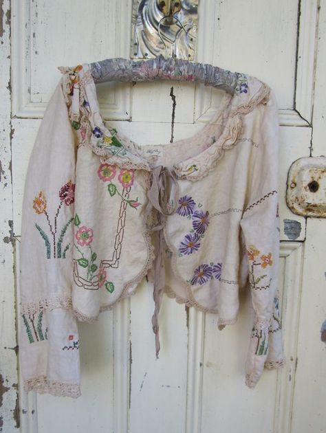 Altered Clothing, Bed Jacket, Altered Couture, Linens And Lace, Floral Sleeve, Upcycled Fashion, 자수 디자인, Embroidered Linen, Linen Jacket