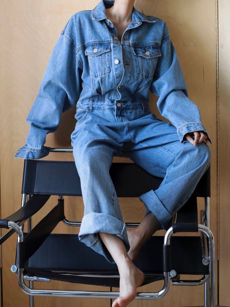 Long sleeve full length denim jumpsuit with button through front to waist, pocket details on chest and pockets. Model is wearing MINUSEY S. ✔️ Free worldwide express shipping over $100✔️ Loved by 6,500+ customers✔️ Limited edition collections, maximum style⠀⠀⠀⠀⠀⠀⠀⠀⠀Stay ahead of the trend with can’t-find-anywhere-else staples. Your closet will thank you 💕 * MINUSEY S = EU 34, US 2* MINUSEY M = EU 36, US 4*100% Cotton Denim* Dry clean* Made in Korea - Model Height: 170cm/5'7" (US2, EU34) Casual Denim Outfits, Double Denim Looks, Balloon Sleeve Blouse, Double Denim, Silk Slip, Denim Jumpsuit, Denim Outfit, The Trend, Fashion And Lifestyle