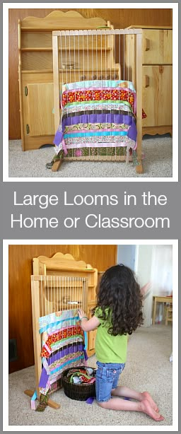 So much fun and beneficial for a wide variety of ages! (Using a large weaving loom with kids in the home or classroom~ Buggy and Buddy) Playroom Market, Large Weaving Loom, Project Playroom, Large Weaving, Clothing Study, Montessori Practical Life, Weaving Ideas, Weaving Loom, Weaving Projects