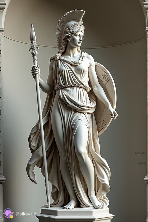 Female Warrior Statue, Renenutet Goddess, Athena Greek Goddess Art, Athena Spear, Greek Statues Women, Athena Aesthetic Goddess, Greek Female Statue, Athena Goddess Aesthetic, Nut Egyptian Goddess